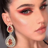 new luxury shiny large rhinestone drop pendant womens earrings wedding bride red crystal glass jewelry earrings gift accessorie
