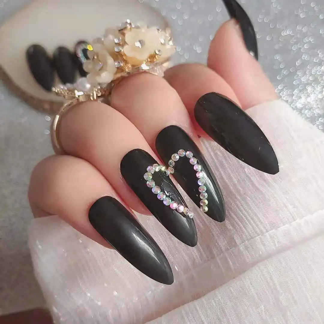 

2021 сверхдлинные овальные накладные ногти с тонкими кристаллами, алмазные ногти с Черными Блестками