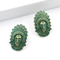creative religious indian portrait stud earrings women metal vintage boho punk exotic punk style green alloy ear jewelry 2020