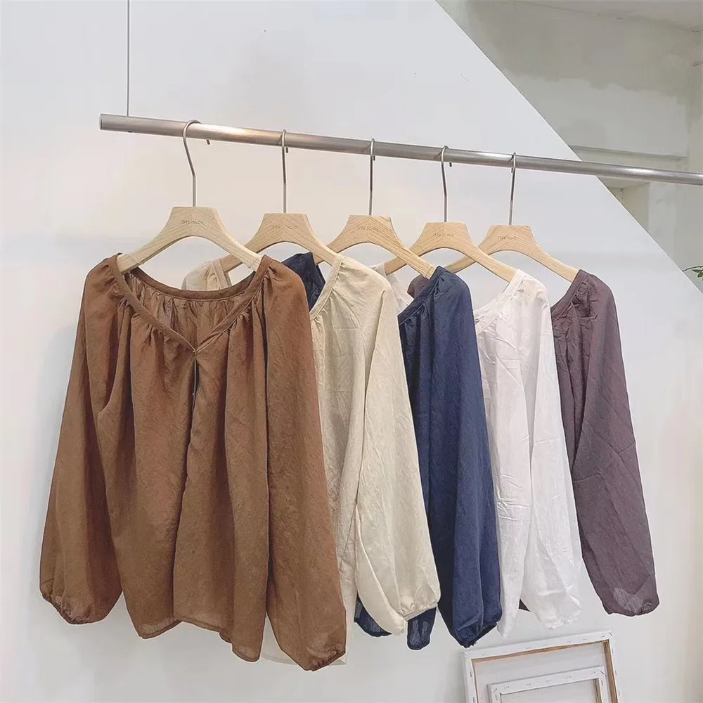 

Korean style 2020 Autumn New women blouses Lantern Sleeves Streetwear fashion Casual wild Loose Slim button simple Solid shirt