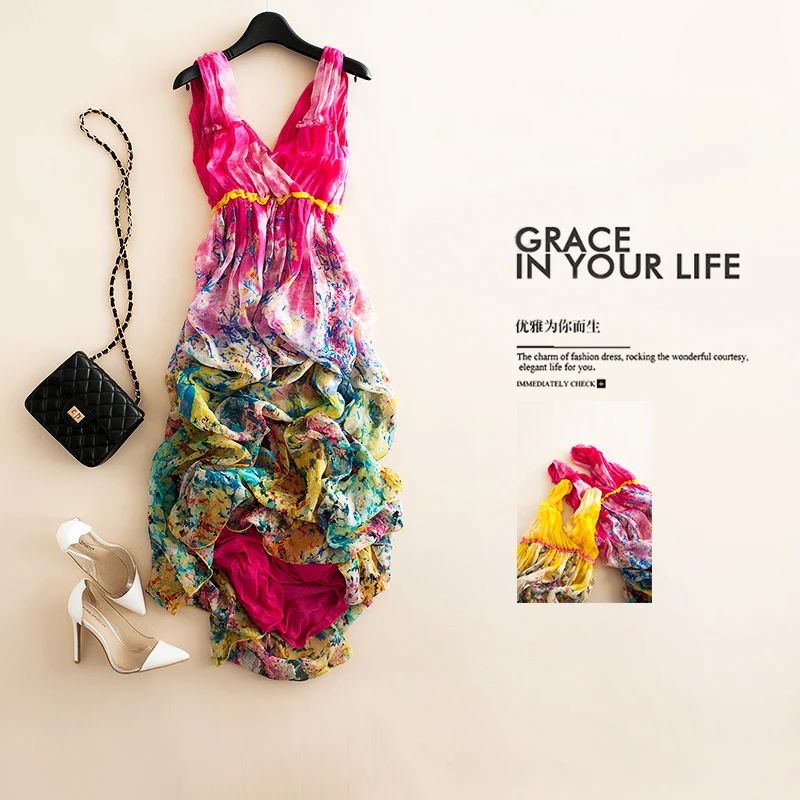 Real Silk Dress Women Summer Boho Vintage Sexy Maxi Vestidos Elegant Ladies Print Beach Party Dresses Ropa Mujer LW2753 | Женская одежда