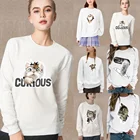 Женская одежда, Модный пуловер, белые топы, серия с забавным принтом котят, Повседневная Осенняя теплая толстовка с круглым вырезом и длинным рукавом