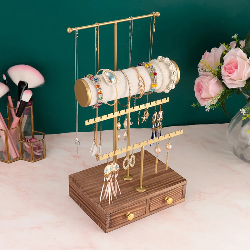 

3 Tier Jewelry Stand Tower with Wooden Drawer for Earring Necklace Pendant Display Stand Jewelry Organizer Holder Showcase