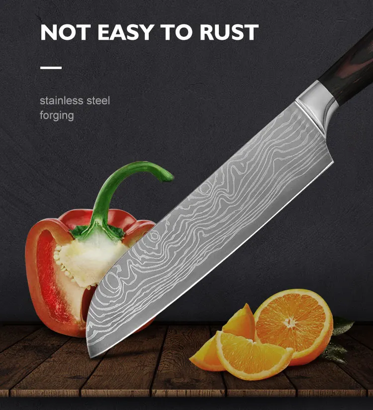 Набор ножей из нержавеющей стали Santoku 8 дюймов поварские ножи с ножками дамасский узор Кухонные гаджеты Инструменты Посуда Ножи держатель