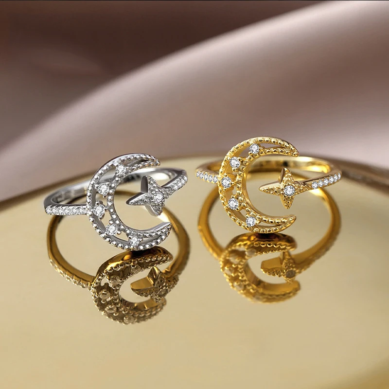 

New S925 Sterling Silver open ring CZ Zircon Star Moon Ring 2021 Fashion Statement Geometric Charm Lady Girl Ring Jewelry