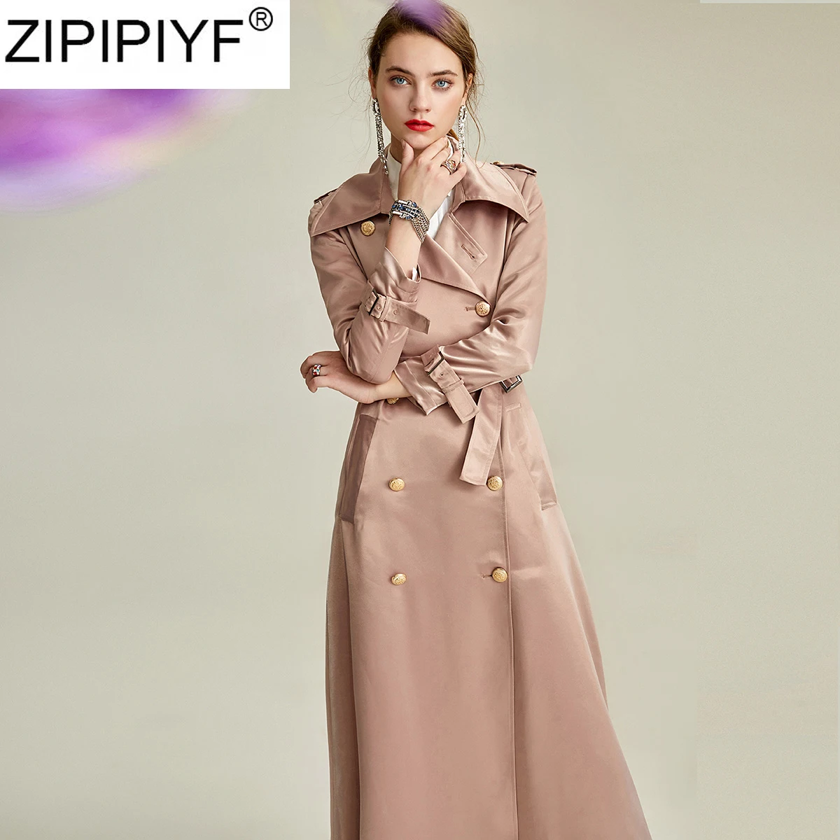 Женский двубортный плащ с поясом однотонный Длинный в офисном стиле отложным