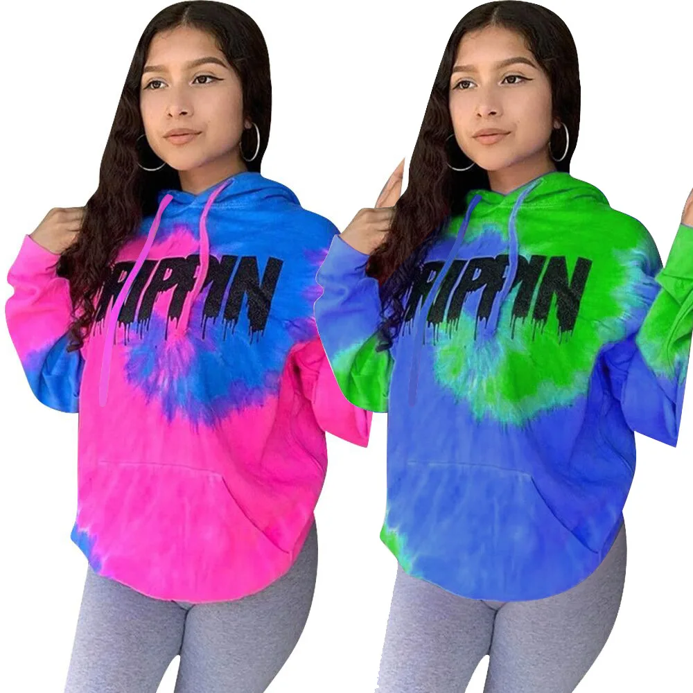 Европейский Лидер продаж женские топы с принтом Tie Dye толстовки капюшоном Женская