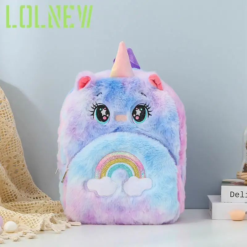 Rainbow Unicron Backpack Girl Plush Backpacks Cute Fashion Soft Colorful Fur Backpacks Children Schoolbag Kids Gift Book Bag