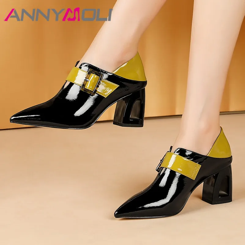 ANNYMOLI/женские туфли лодочки на высоком каблуке натуральная кожа Пряжка ажурная