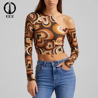 slim halter long sleeved top off the shoulder round neck short printed graphic t shirts for women european and american fashion