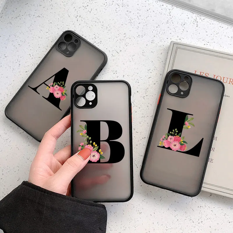 Camera Protection Initial Letter Phone Case For iPhone 11 12 13 Mini Pro Max X XS XR 7 8 Plus Flower Clear Matte Hard PC Cover
