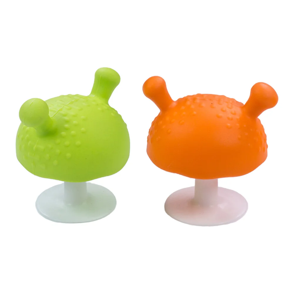 Mordedor calmante de silicona con forma de seta para ni&ntilde;os, chupar y tirar, color naranja y verde, 2 unidades-0