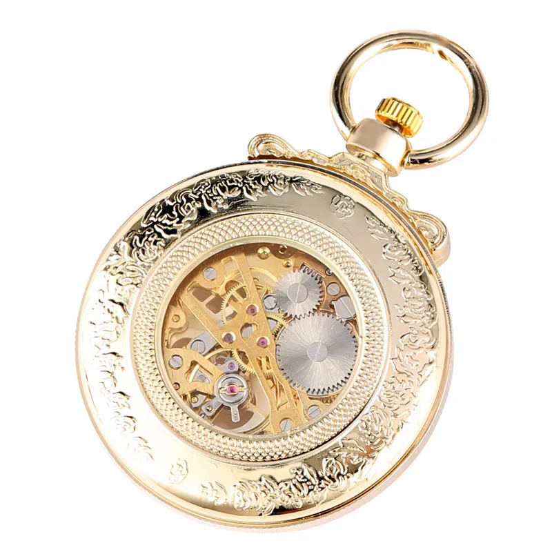 Antique Gold Men Women Hand-Wind Mechanical Pocket Watch Open Face Luminous Hands Roman Number Dial Pendant Chain Clock Gift