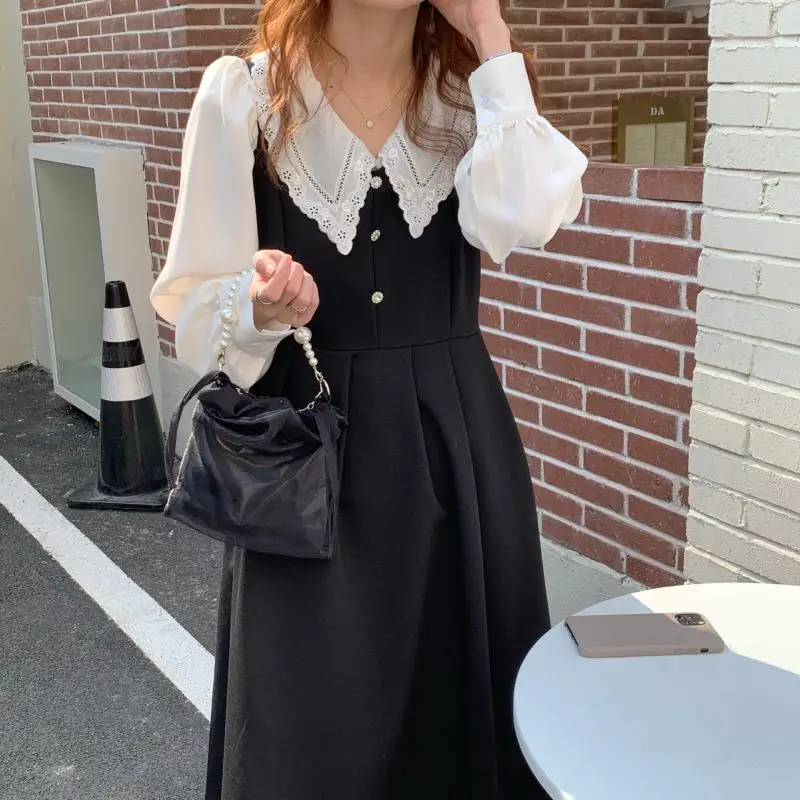 

Alien Kitty 2021 Korean White Hook Flowers Sweet Shirts+Loose New Black Thin A-Line Slip Dresses All Match Two Piece Sets