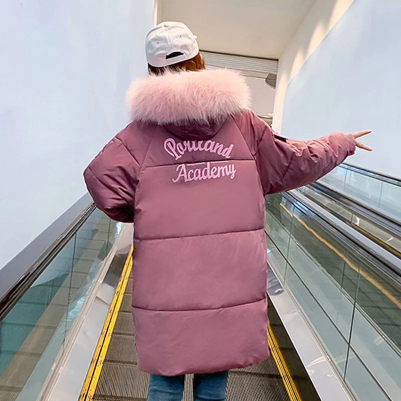 

Korean Style Long Parkas Woman Letter Print Hooded Winter Female Jacket Plus Size with Fur Collar Hooded Loose Thick Coat Ladies