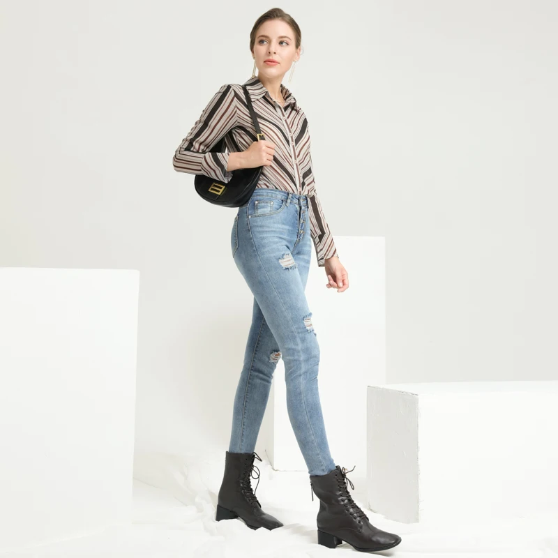 

Streetwear Women's Jeans High Waist Jeans 100% Cotton Skinny Ripped Jeans Femmal Causal Elasticity Slim Fit Pencil Jeans Pants
