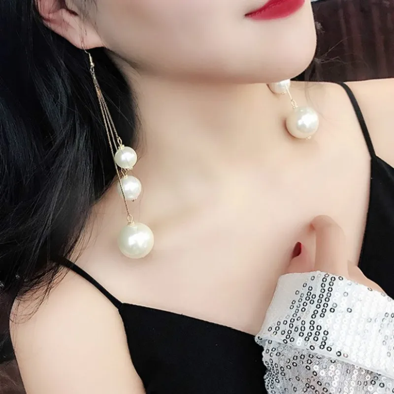 

New fashion long tassel super fairy exaggerated pearl earrings temperament earrings female party birthday gift