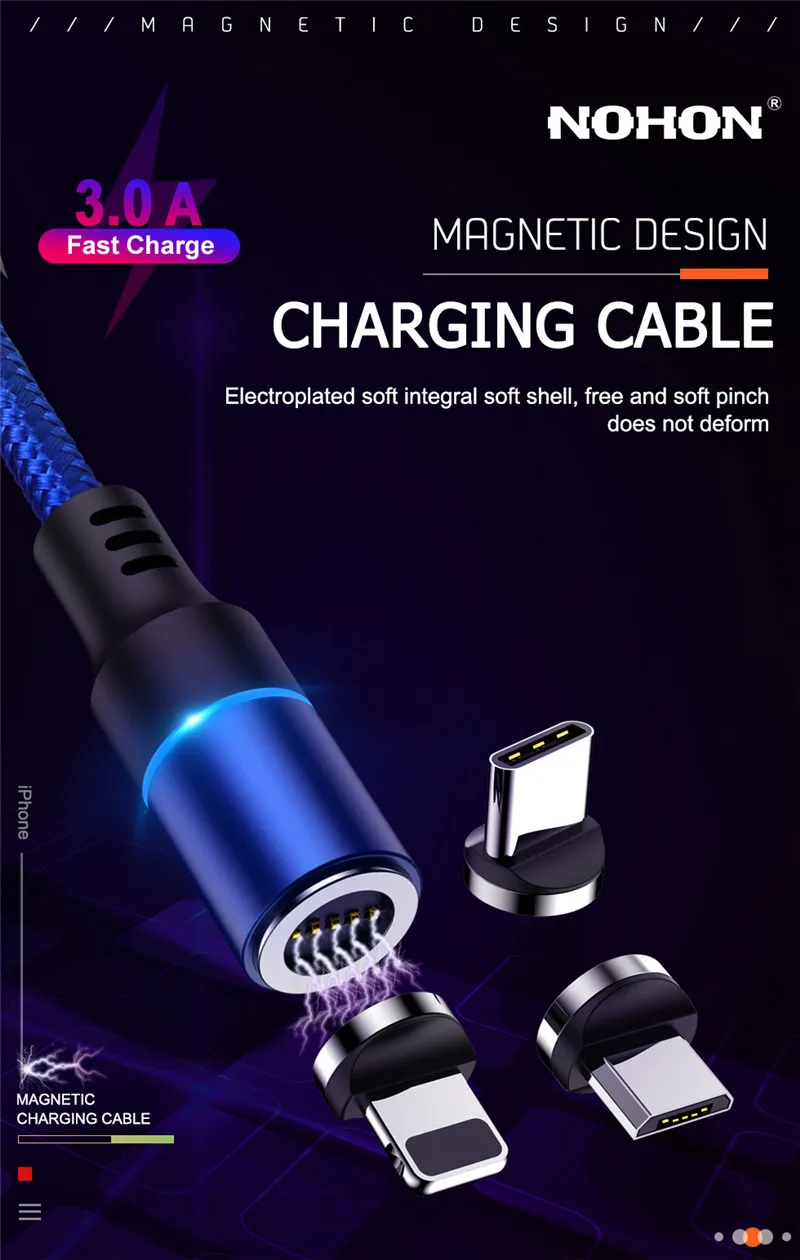 1 м светодиодный магнитный usb-кабель для передачи данных для iPhone Xs Max X XR 8 7 6s 6 Plus 5 5S Быстрая зарядка USB type C Micro кабель для samsung Xiaomi