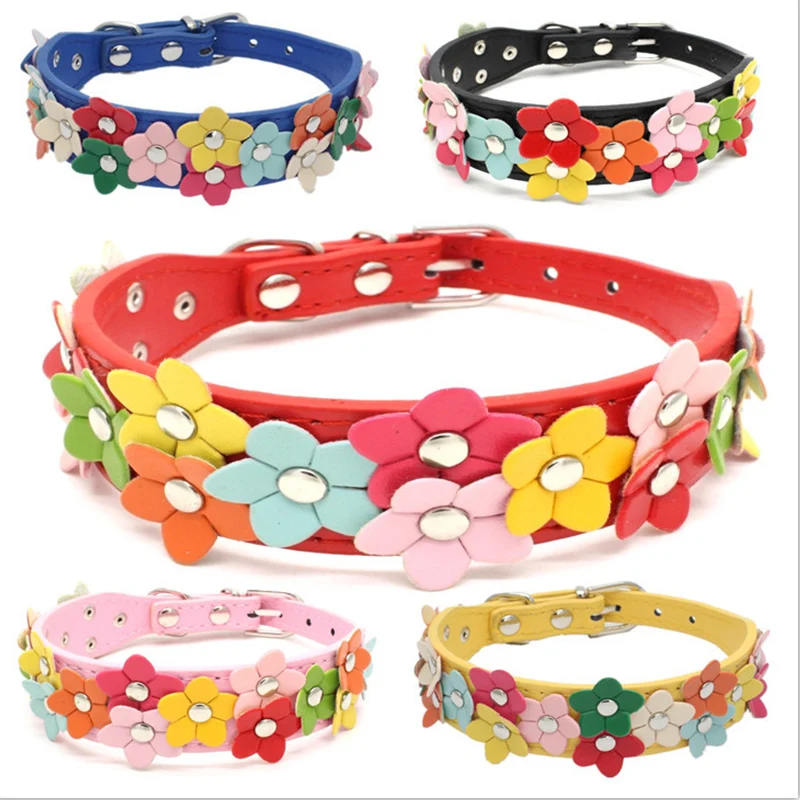 

Puppy Necklace Dog Collar PU Leather Adjustable High-quality Pet Supplies Fashion Studded Flowers New