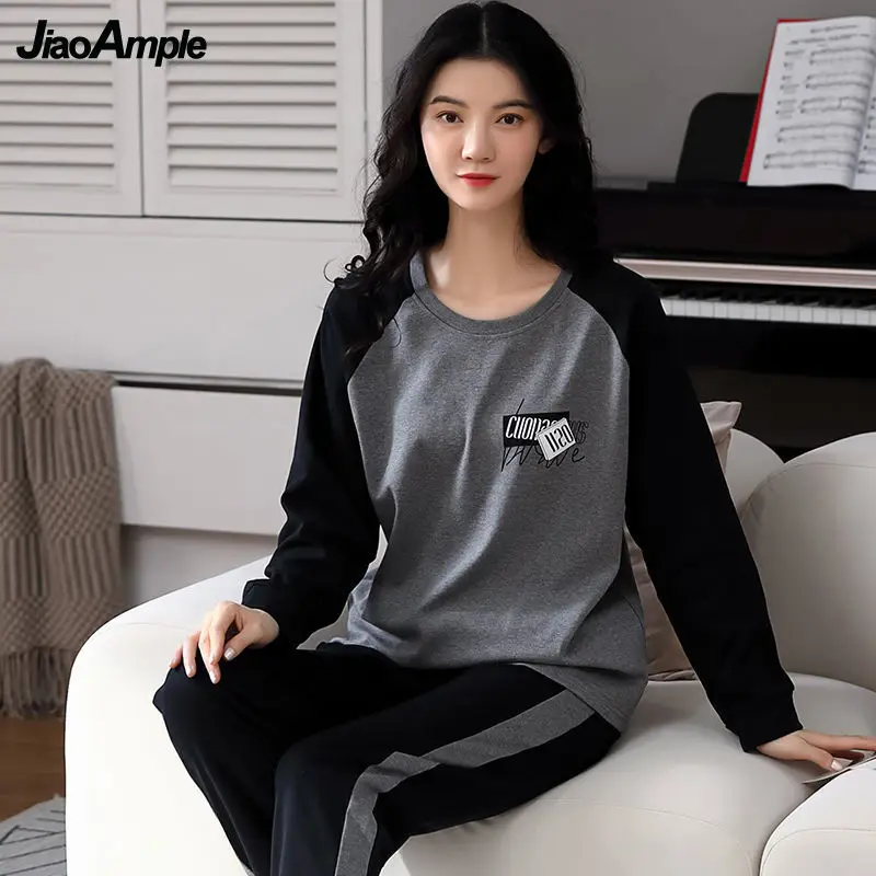100% Cotton Pajamas Women's Autumn Winter Long-sleeved Trousers Pijamas Two-piece Korean Cartoon Loose Sleepwear Nightie Set