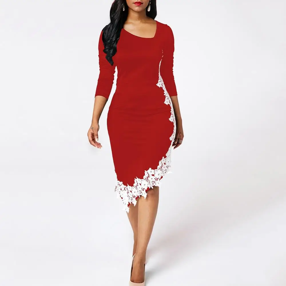 Hot Summer Elegant Casual Plus Size Women's Dress For Women 2022 3/4 Sleeve Lace Patchwork Irregular Hem Bodycon Pencil Dress