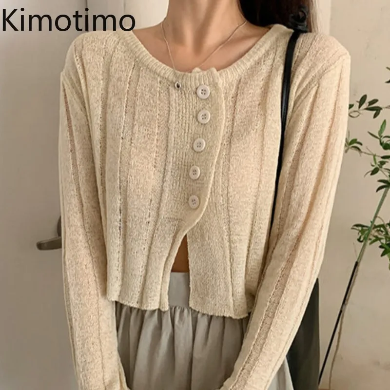 

Kimotimo Women Thin Knit Cardigan Korean Spring 2021 Super Fairy O Neck Single Breasted Design Temperament Long Sleeve Tops Coat