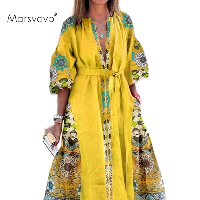 

Women Bohemian Dress Floral Printed Lantern Sleeve Beachwear Ankle-length Long Sundress National Style Plus Size Dress