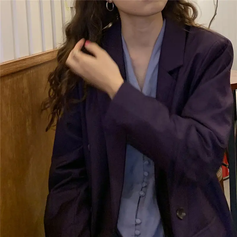

Korea Chic Purple Slender High Street Loose 2021 Autumn Gentle Office Lady Women Elegant Feminine All Match Blazers