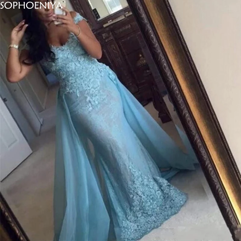 

New Arrival Off the Shoulder Prom Dresses Detachable Train Elegant Mermaid Appliques Formal Evening Gowns Robes de Soire