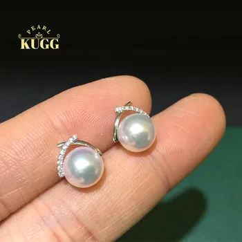KUGG PEARL 18k White Gold Earrings AAAAA Natural Akoya White Pearl Earrings Handmade Jewelry Elegant Stud Earrings for Women
