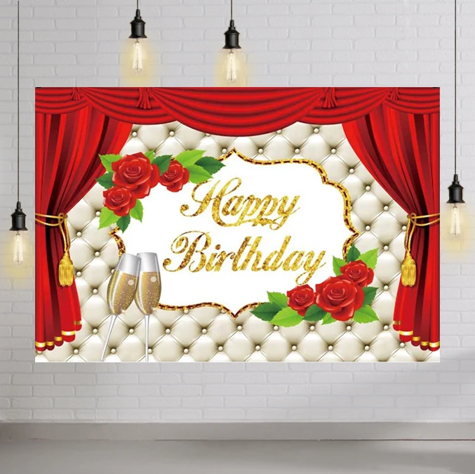 

Happy Birthday Photo Backdrop Bright Red Rose Champagne Glass Red Curtains Headboard Banner Birthday Photography Background