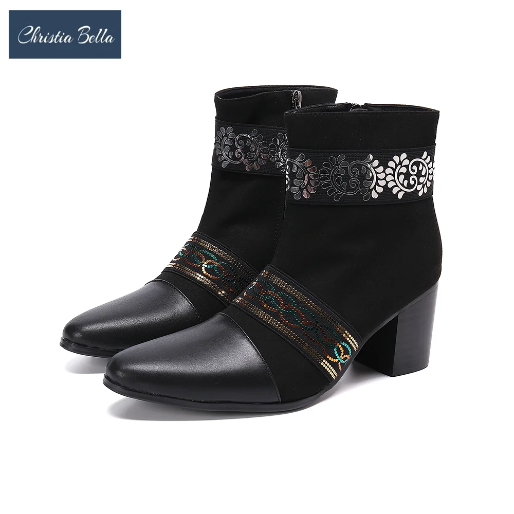

Christia Bella Vintage Suede Leather Men Ankle Boots Nightclub Party Mid Heel Male Short Boots Plus Size Formal Dress Shoes