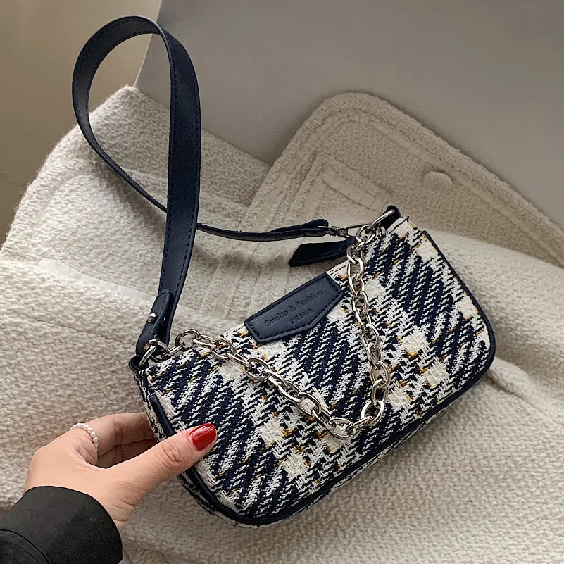 

Cute Plaid Small PU Leather Crossbody Baguette Shoulder Bags For Women 2021 Summer Simple Handbags And Purses Female Chain Totes