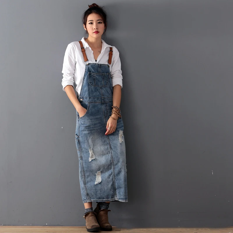 

Women Loose Denim Dress Ladies Bleached Holes Denim Dress Female Spaghetti Strap Ripped Vintage Denim Dresses 2021