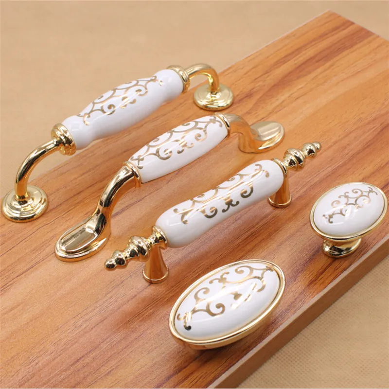 

Ceramic Handle White Ceramic Gold Handle Cabinet Drawer Shoe Cabinet Pull Handle Type Zinc Alloy Furniture Hardware