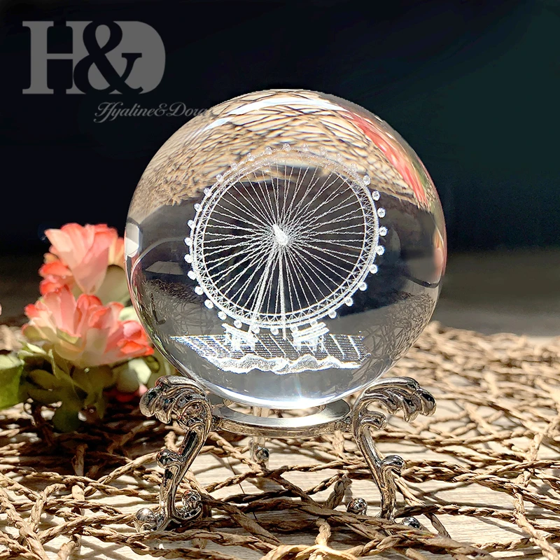 H&D 60 мм 3D шар лазерный хрустальный шар с гравировкой стекло художественное ремесло миниатюрная Сфера домашний Декор Аксессуары Рождественский подарок металлическая подставка