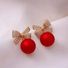 Модные хрустальные серьги-гвоздики с бантом для женщин жемчужные вишневые Цветы Стразы Красная серьга для девочек Рождественские украшения подарки