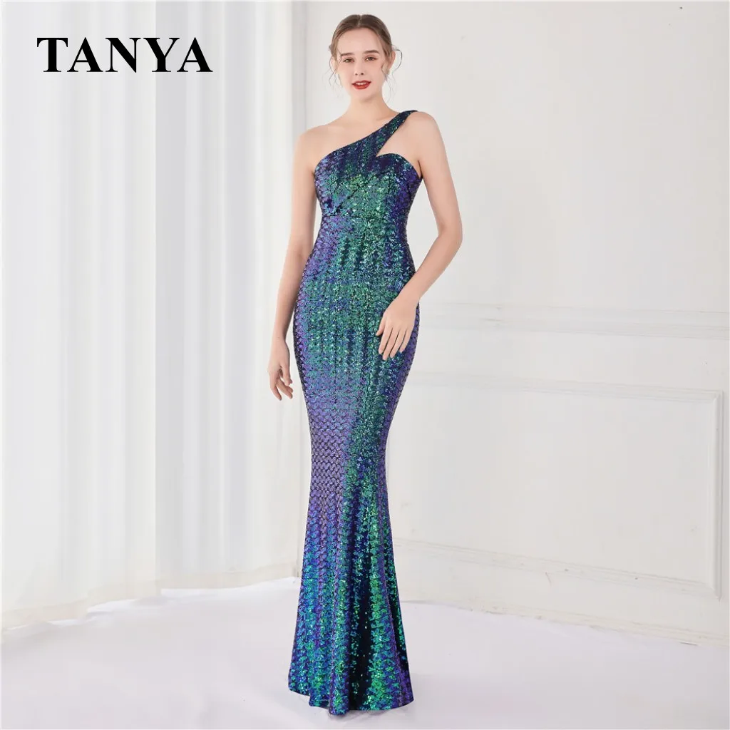 

Mermaid Evening Dresses Sequins One Shoulder Sleeveless Prom Gown Bling Bling Vestido De Fiesta De Boda YSAN1410
