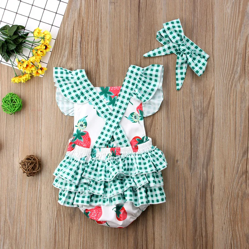 

Brand New Newborn Baby Girl Strawberry Clothes Sleeveless Back Cross Tutu Ruffle Baby Romper Bodysuit Outfit Plaid Snsuit