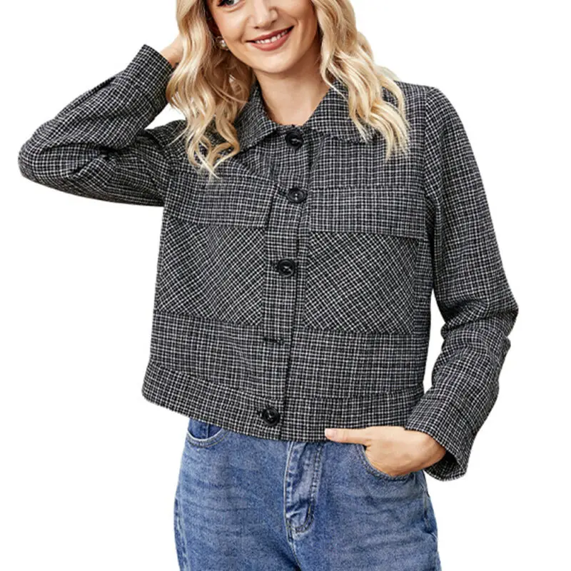 Womens Casual Long Sleeve Check Printd Lapel Button Jacket Coat Spring Autumn Short Plaid Overcoat Formal Outwear