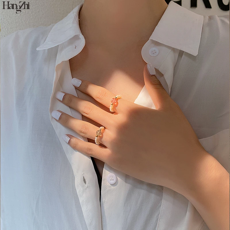 

HangZhi 2020 New Trend Korea Simple Sweet Street Natural Semi-precious stones Round Pearls Knuckle Rings for Women Party Jewelry