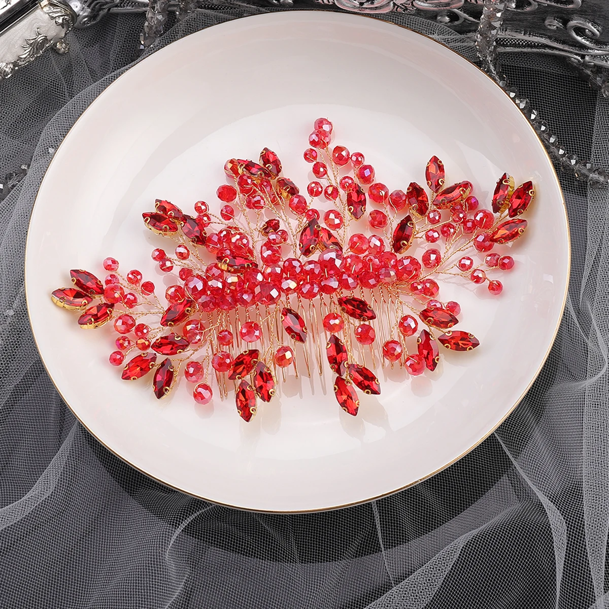 Экзотический блестящий красный головной убор с кристаллами свадебный гребень