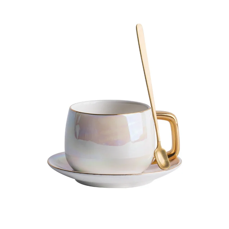 

pearl glaze Ceramic Afternoon Black Tea Cups And Saucers With Spoon Coffee Cup With Tray Porcelain Drinkware Set