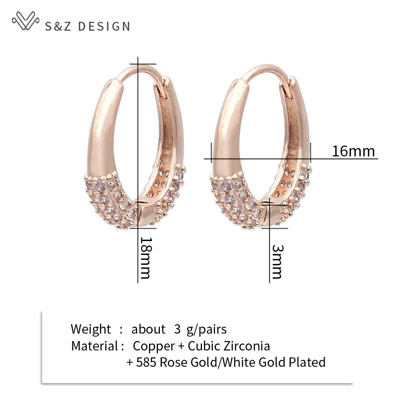 

S&Z DESIGN Hot Simple Stylish Women Drop Earrings 585 Rose Gold Shiny White Cubic Zircon Female Dangle Earring Fashion Jewelry