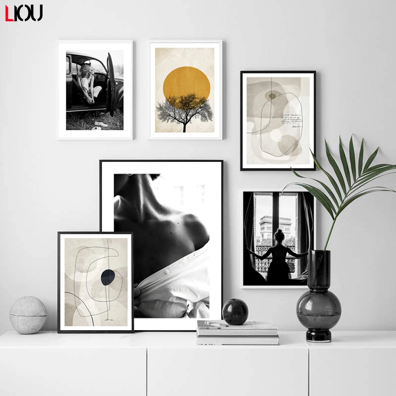 Модный постер для привлекательной леди черная белая абстрактная стена желтая