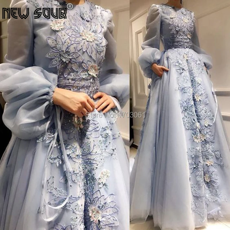 Мусульманское голубое платье с вышивкой для выпускного вечера 2020 кружевное