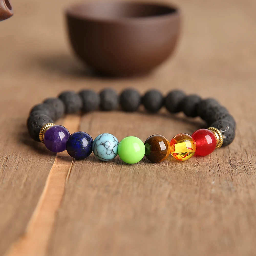 

OAIITE 7 Chakra Yoga Bracelet 8mm Natural Stone Lava Onyx Tiger's Eye Howlite Beads Bracelet for Men Women Lucky Energy Bracelet