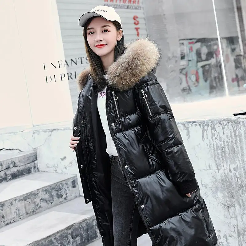 

2020 Fashion Winter Women's Long Glossy Big Fur Silver Down Jackets Hooded Coat Down Parkas Thick Winter Jacket Women Outwear