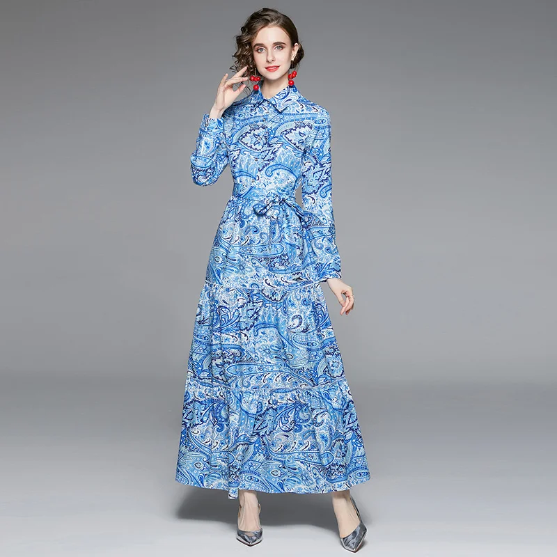 

New Runway Vintage Print Boho Maxi Dresses Women Elegant Long Sleeve Single-Breasted Spring Vacation Party Dress