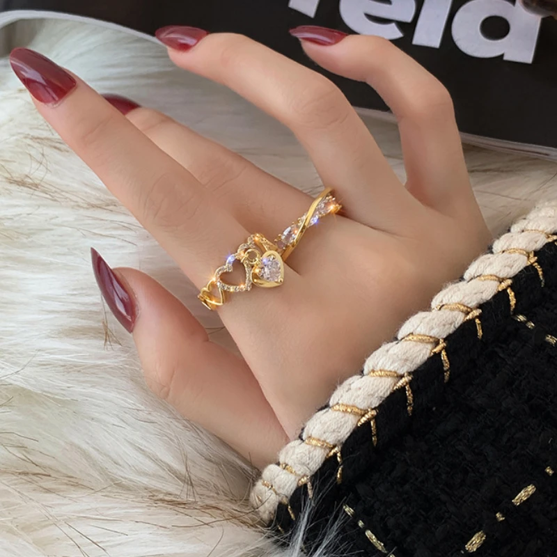 

U-Magical Statement Love Heart Charming Rings for Women Shining Rhinestone Brass Gold Hollow Cross Open Adjusting Ring Jewelry